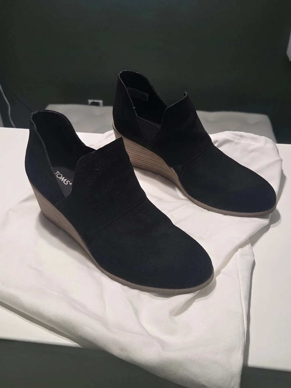 TOMS Goldie Black Suede Wedge Booties with Stacked Heel